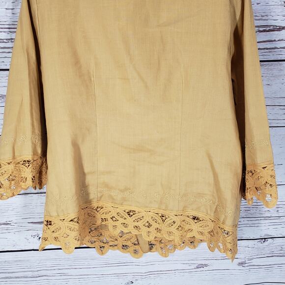 Lino U.S.A. Yellow 100%Linen Embroidered Lace Detail Top Size Small - Picture 11 of 12